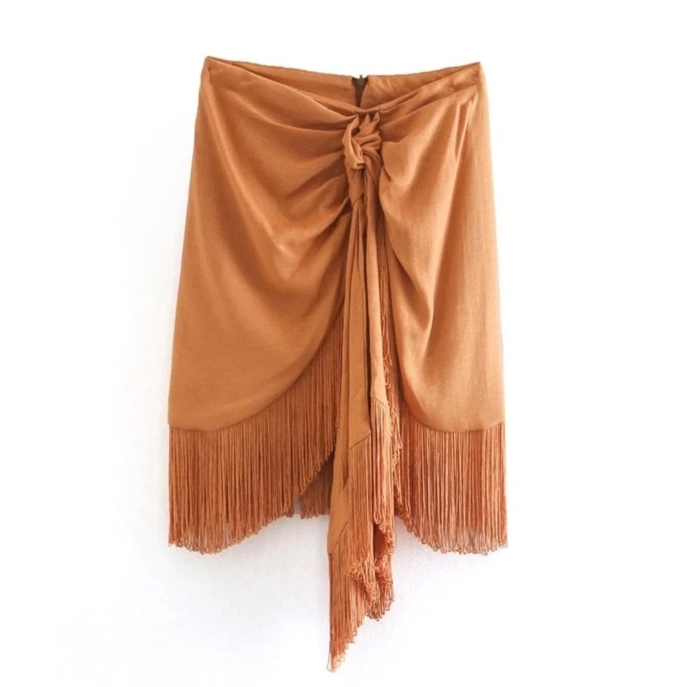 ZARA Tan Knotted Tassel Boho Skirt M